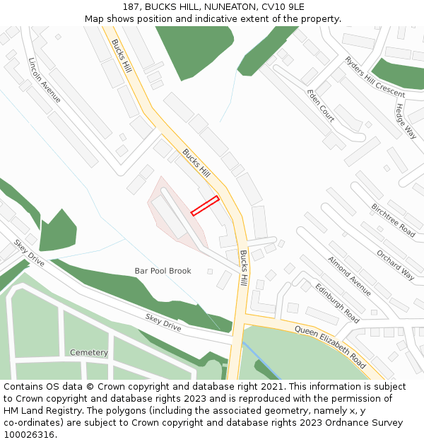 187, BUCKS HILL, NUNEATON, CV10 9LE: Location map and indicative extent of plot