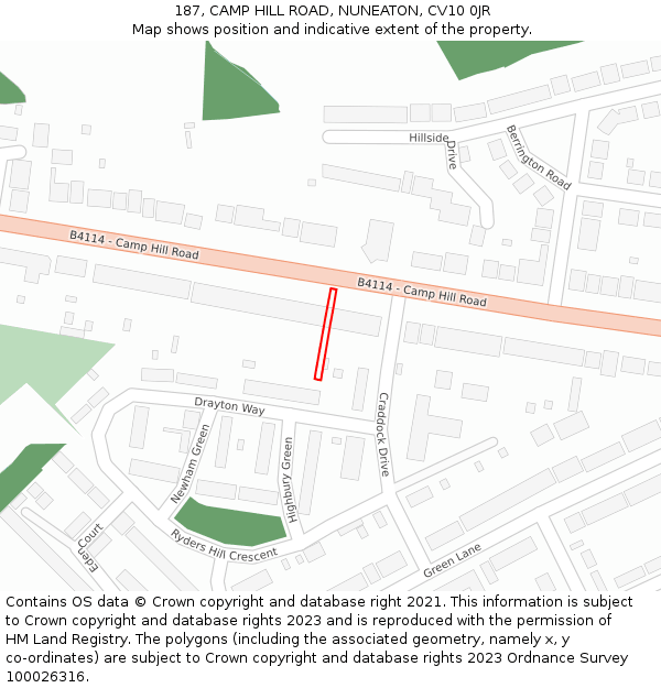 187, CAMP HILL ROAD, NUNEATON, CV10 0JR: Location map and indicative extent of plot