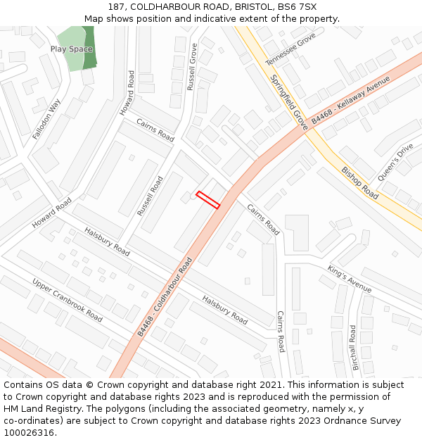 187, COLDHARBOUR ROAD, BRISTOL, BS6 7SX: Location map and indicative extent of plot