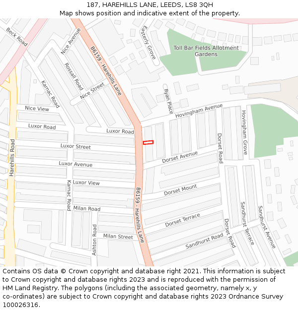 187, HAREHILLS LANE, LEEDS, LS8 3QH: Location map and indicative extent of plot