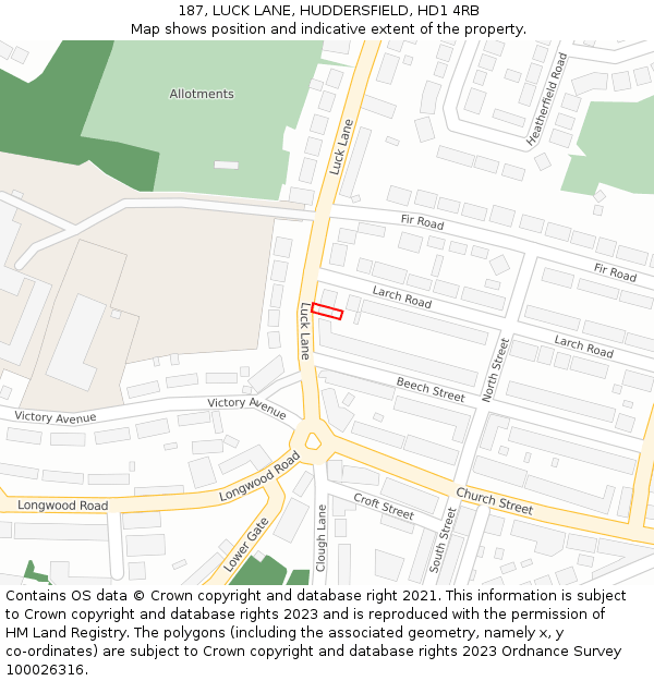 187, LUCK LANE, HUDDERSFIELD, HD1 4RB: Location map and indicative extent of plot