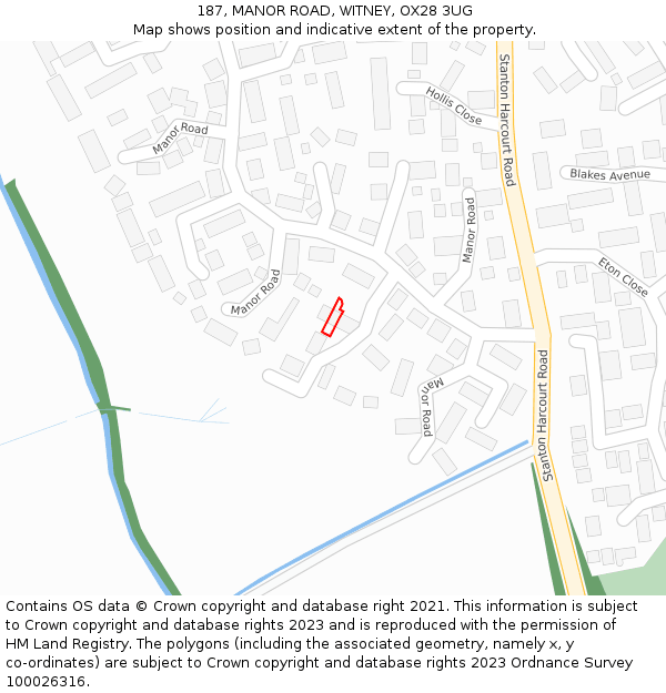 187, MANOR ROAD, WITNEY, OX28 3UG: Location map and indicative extent of plot