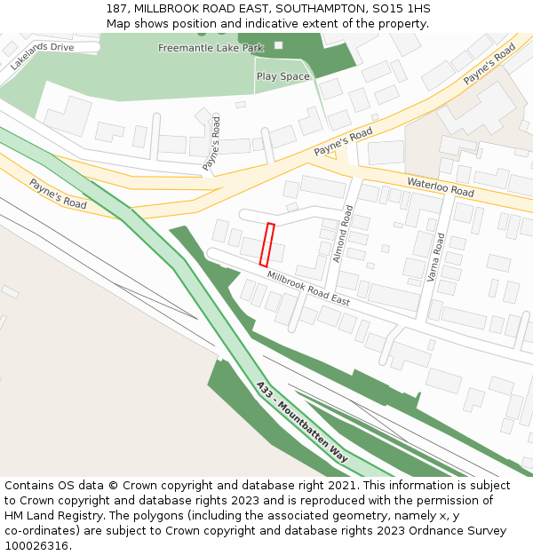 187, MILLBROOK ROAD EAST, SOUTHAMPTON, SO15 1HS: Location map and indicative extent of plot