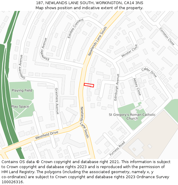 187, NEWLANDS LANE SOUTH, WORKINGTON, CA14 3NS: Location map and indicative extent of plot