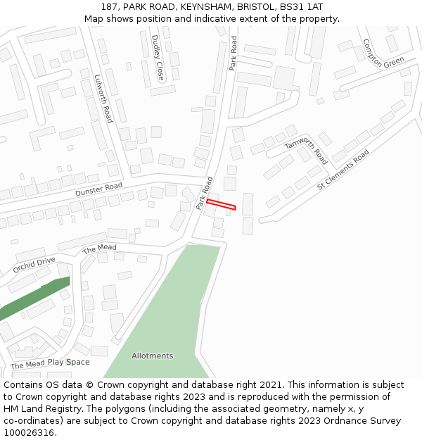 187, PARK ROAD, KEYNSHAM, BRISTOL, BS31 1AT: Location map and indicative extent of plot