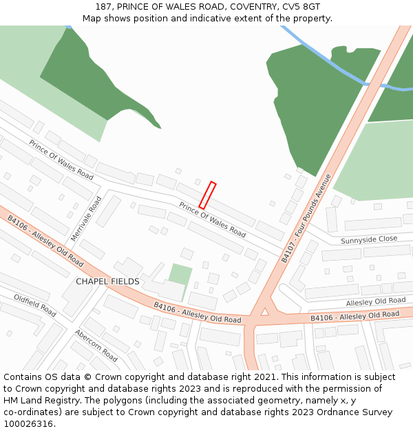 187, PRINCE OF WALES ROAD, COVENTRY, CV5 8GT: Location map and indicative extent of plot