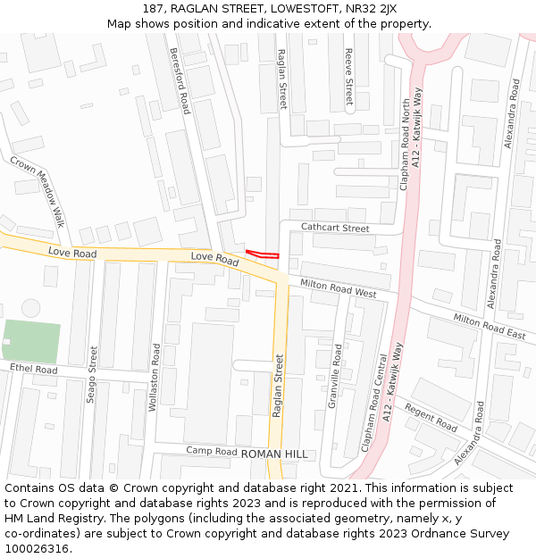187, RAGLAN STREET, LOWESTOFT, NR32 2JX: Location map and indicative extent of plot
