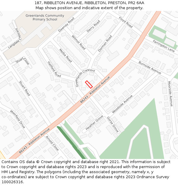 187, RIBBLETON AVENUE, RIBBLETON, PRESTON, PR2 6AA: Location map and indicative extent of plot