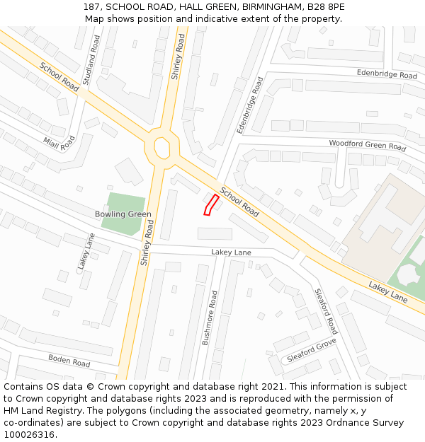 187, SCHOOL ROAD, HALL GREEN, BIRMINGHAM, B28 8PE: Location map and indicative extent of plot