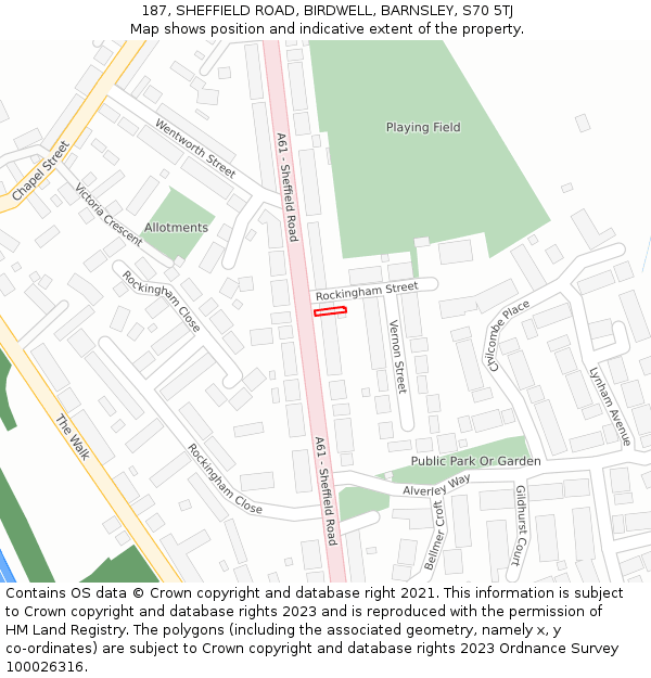 187, SHEFFIELD ROAD, BIRDWELL, BARNSLEY, S70 5TJ: Location map and indicative extent of plot
