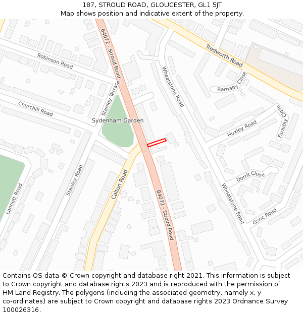 187, STROUD ROAD, GLOUCESTER, GL1 5JT: Location map and indicative extent of plot