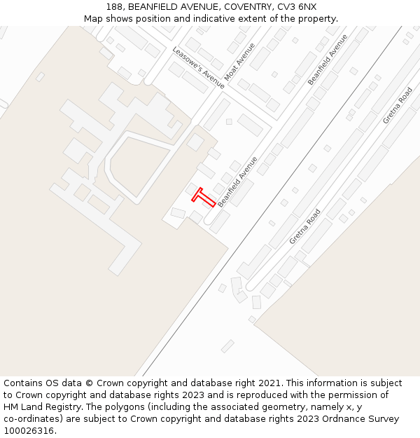 188, BEANFIELD AVENUE, COVENTRY, CV3 6NX: Location map and indicative extent of plot
