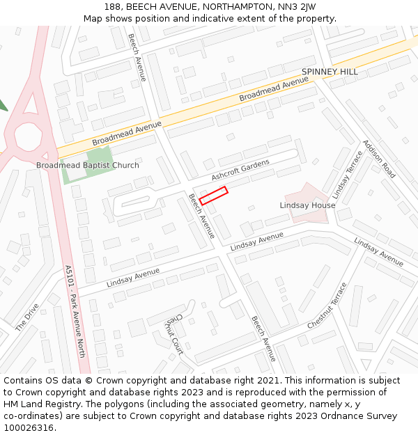 188, BEECH AVENUE, NORTHAMPTON, NN3 2JW: Location map and indicative extent of plot