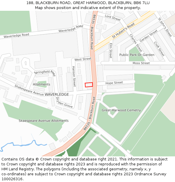 188, BLACKBURN ROAD, GREAT HARWOOD, BLACKBURN, BB6 7LU: Location map and indicative extent of plot