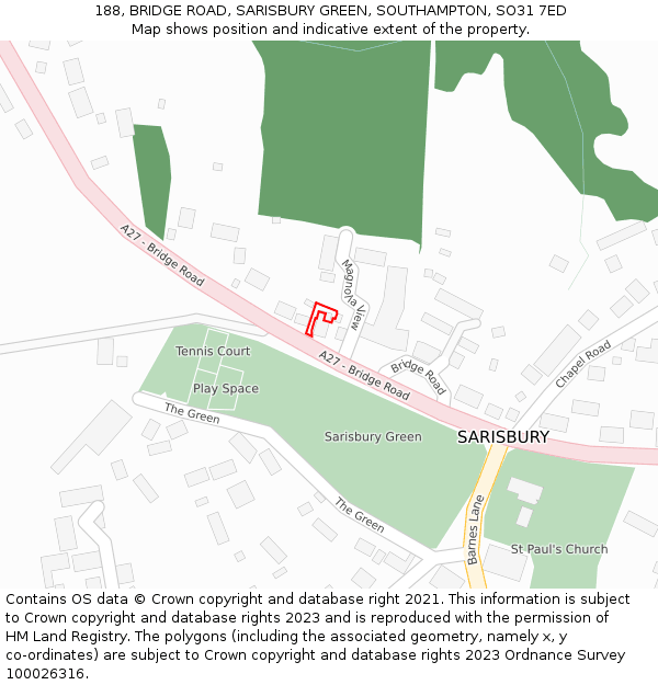 188, BRIDGE ROAD, SARISBURY GREEN, SOUTHAMPTON, SO31 7ED: Location map and indicative extent of plot