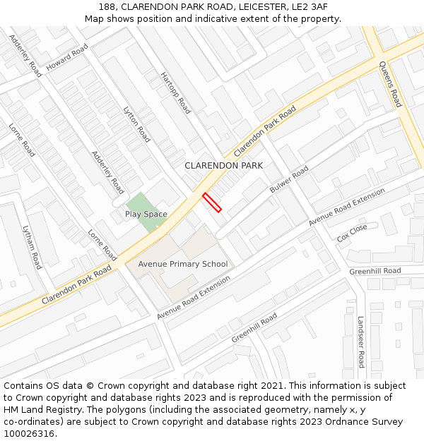188, CLARENDON PARK ROAD, LEICESTER, LE2 3AF: Location map and indicative extent of plot