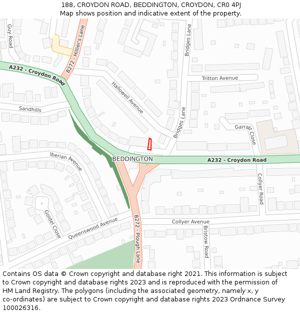188, CROYDON ROAD, BEDDINGTON, CROYDON, CR0 4PJ: Location map and indicative extent of plot