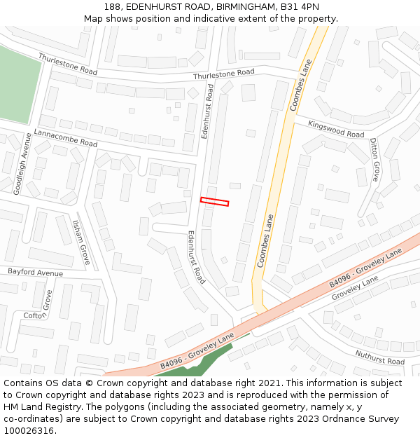188, EDENHURST ROAD, BIRMINGHAM, B31 4PN: Location map and indicative extent of plot