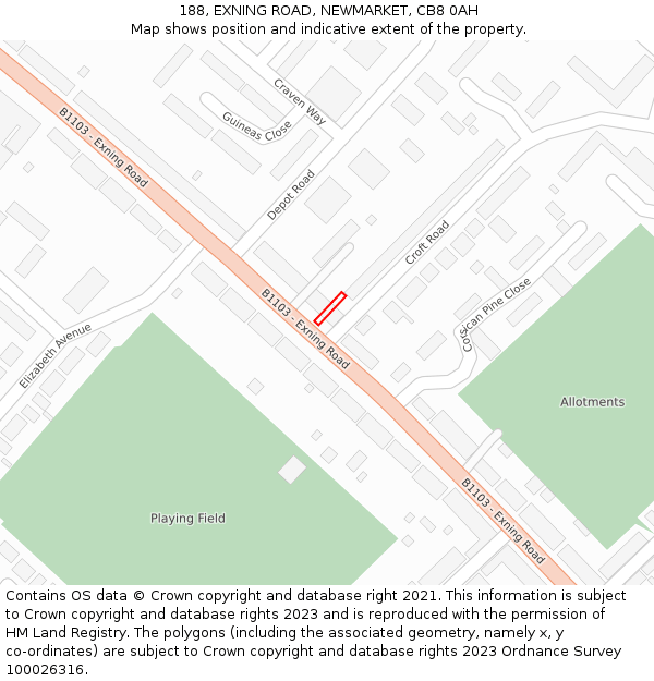 188, EXNING ROAD, NEWMARKET, CB8 0AH: Location map and indicative extent of plot