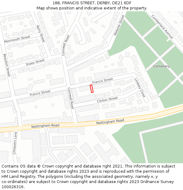 188, FRANCIS STREET, DERBY, DE21 6DF: Location map and indicative extent of plot