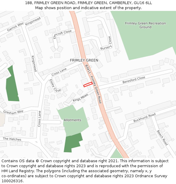 188, FRIMLEY GREEN ROAD, FRIMLEY GREEN, CAMBERLEY, GU16 6LL: Location map and indicative extent of plot