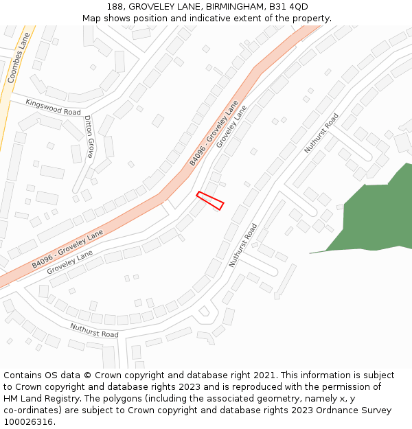 188, GROVELEY LANE, BIRMINGHAM, B31 4QD: Location map and indicative extent of plot