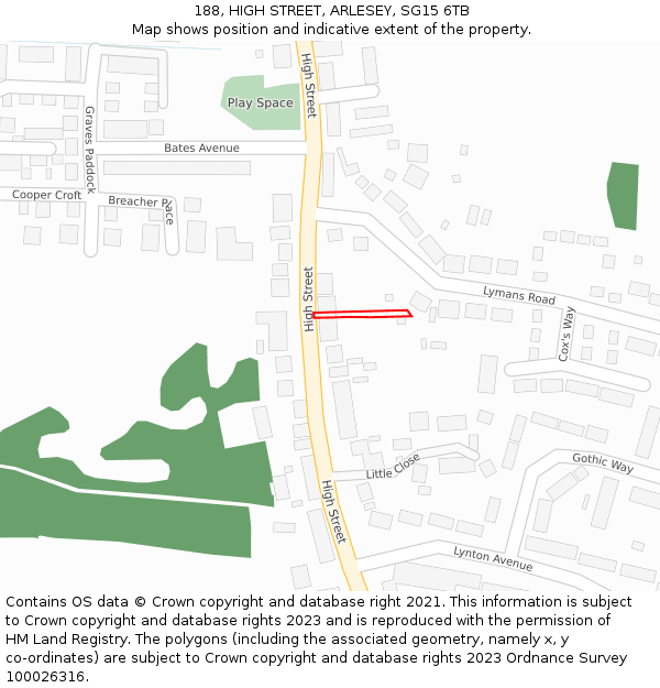 188, HIGH STREET, ARLESEY, SG15 6TB: Location map and indicative extent of plot