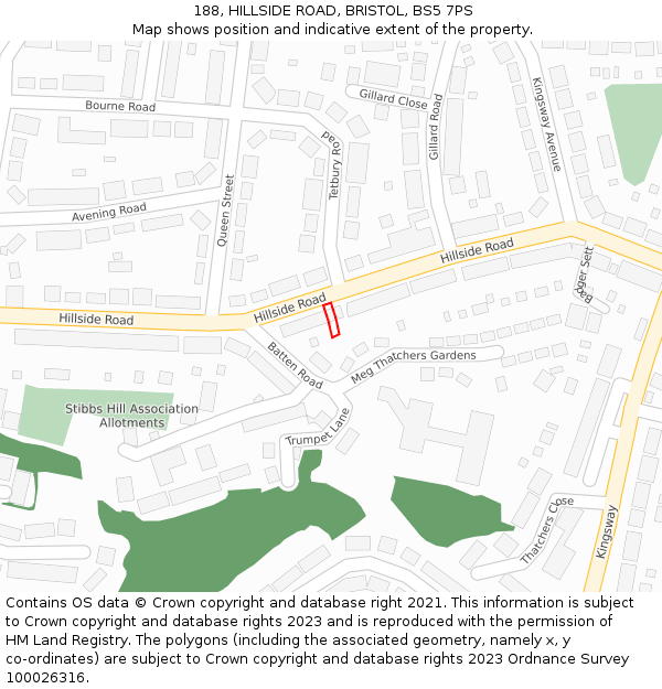 188, HILLSIDE ROAD, BRISTOL, BS5 7PS: Location map and indicative extent of plot