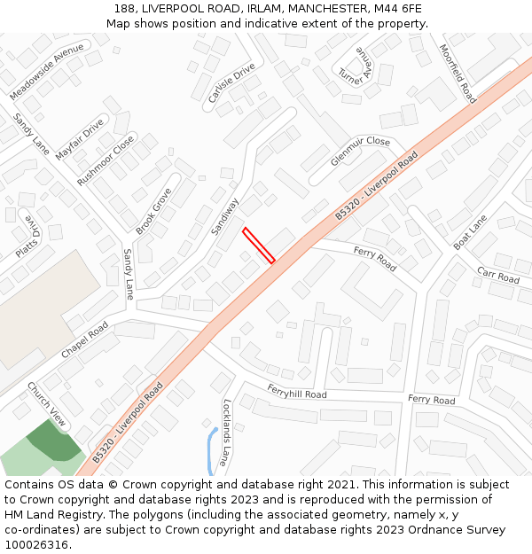 188, LIVERPOOL ROAD, IRLAM, MANCHESTER, M44 6FE: Location map and indicative extent of plot
