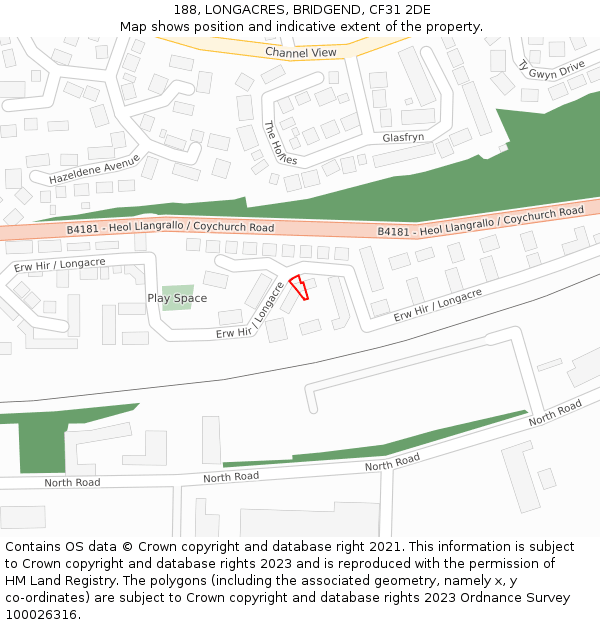 188, LONGACRES, BRIDGEND, CF31 2DE: Location map and indicative extent of plot