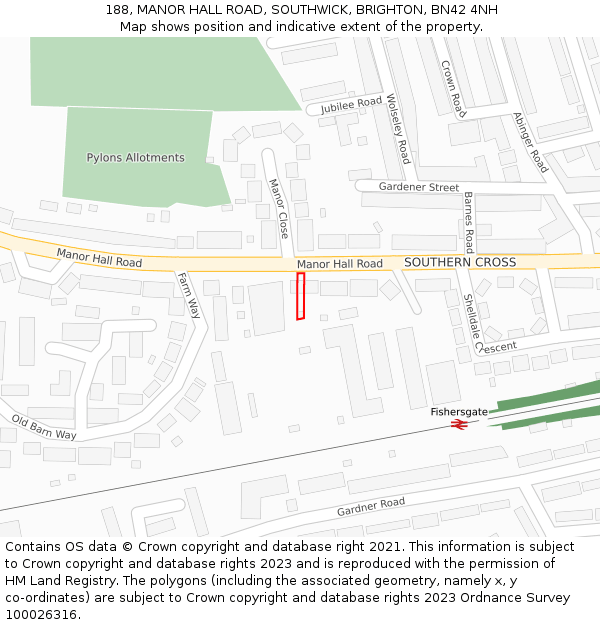 188, MANOR HALL ROAD, SOUTHWICK, BRIGHTON, BN42 4NH: Location map and indicative extent of plot