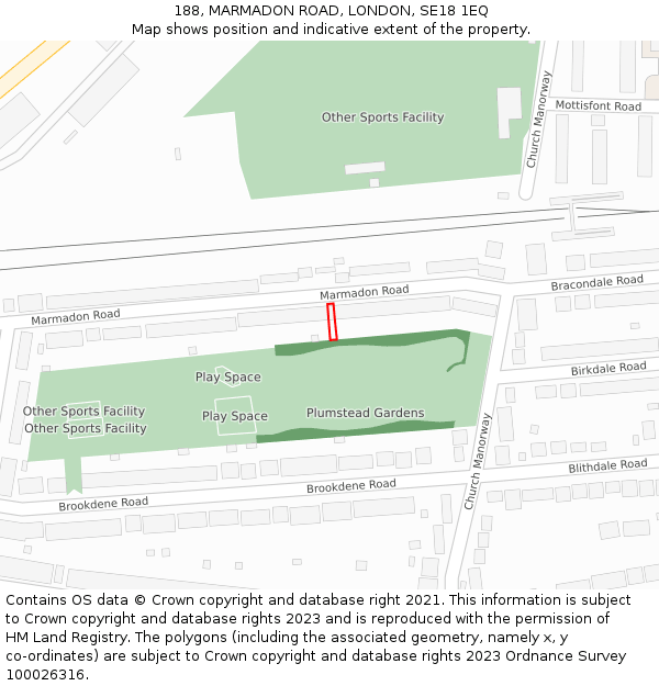 188, MARMADON ROAD, LONDON, SE18 1EQ: Location map and indicative extent of plot
