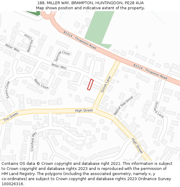 188, MILLER WAY, BRAMPTON, HUNTINGDON, PE28 4UA: Location map and indicative extent of plot
