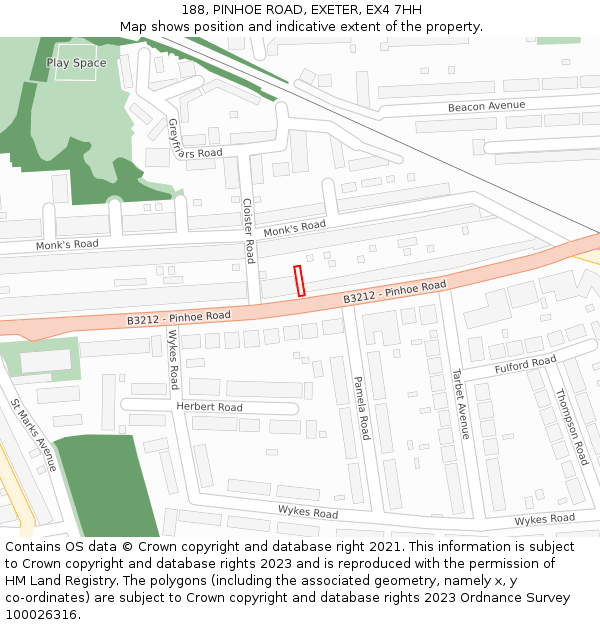 188, PINHOE ROAD, EXETER, EX4 7HH: Location map and indicative extent of plot
