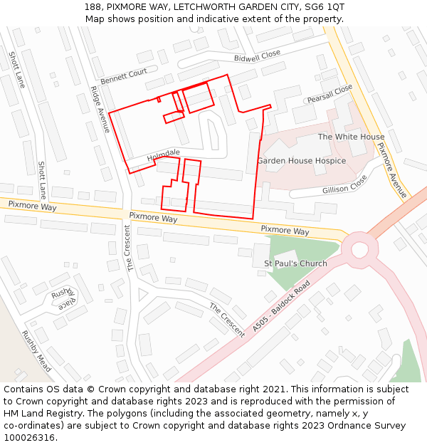 188, PIXMORE WAY, LETCHWORTH GARDEN CITY, SG6 1QT: Location map and indicative extent of plot