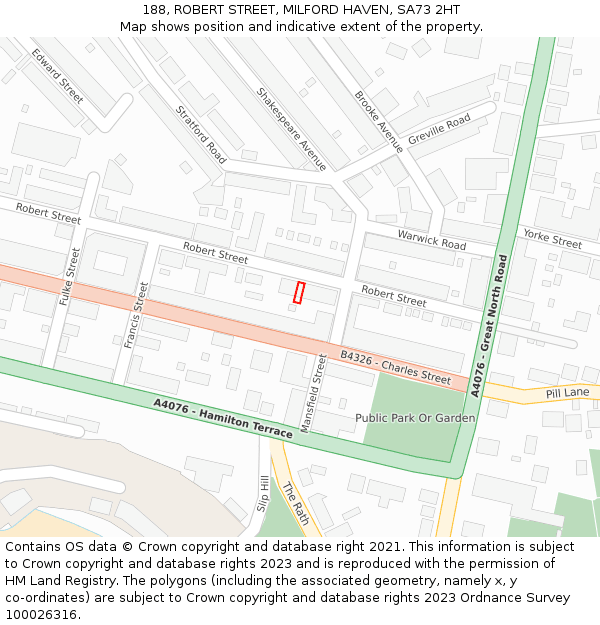 188, ROBERT STREET, MILFORD HAVEN, SA73 2HT: Location map and indicative extent of plot