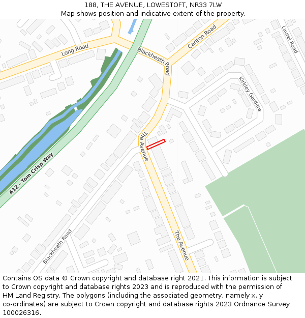 188, THE AVENUE, LOWESTOFT, NR33 7LW: Location map and indicative extent of plot