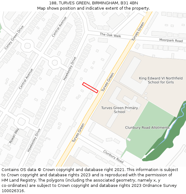 188, TURVES GREEN, BIRMINGHAM, B31 4BN: Location map and indicative extent of plot