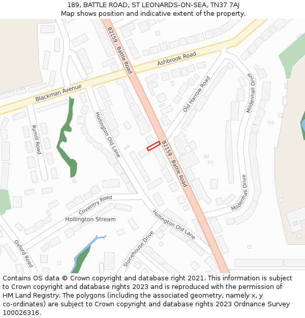 189, BATTLE ROAD, ST LEONARDS-ON-SEA, TN37 7AJ: Location map and indicative extent of plot
