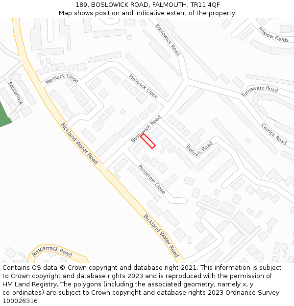 189, BOSLOWICK ROAD, FALMOUTH, TR11 4QF: Location map and indicative extent of plot