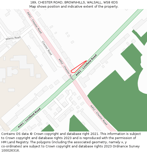 189, CHESTER ROAD, BROWNHILLS, WALSALL, WS8 6DS: Location map and indicative extent of plot
