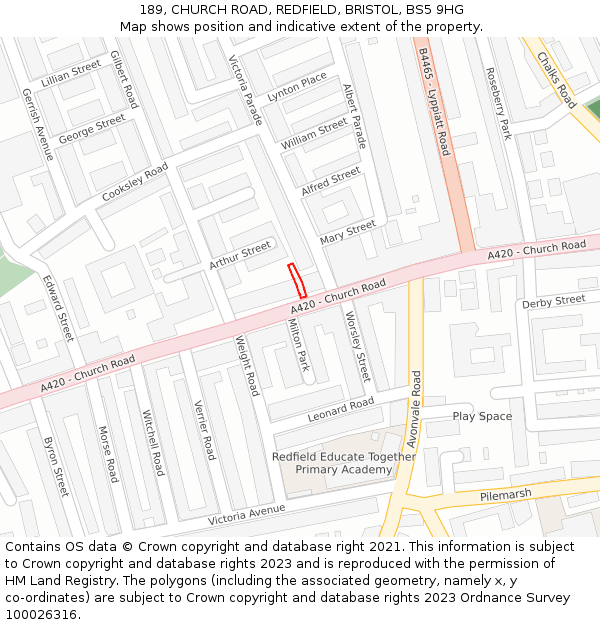 189, CHURCH ROAD, REDFIELD, BRISTOL, BS5 9HG: Location map and indicative extent of plot