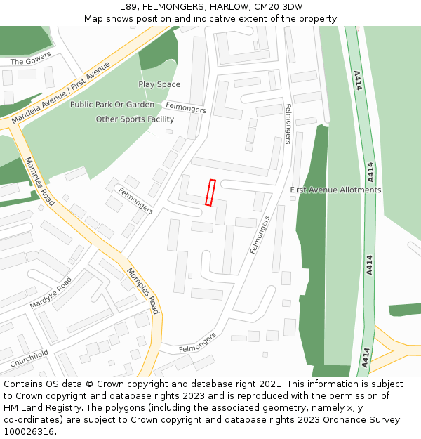 189, FELMONGERS, HARLOW, CM20 3DW: Location map and indicative extent of plot
