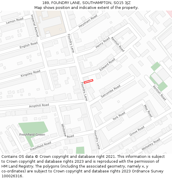 189, FOUNDRY LANE, SOUTHAMPTON, SO15 3JZ: Location map and indicative extent of plot