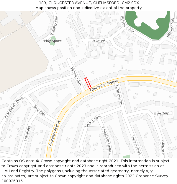 189, GLOUCESTER AVENUE, CHELMSFORD, CM2 9DX: Location map and indicative extent of plot