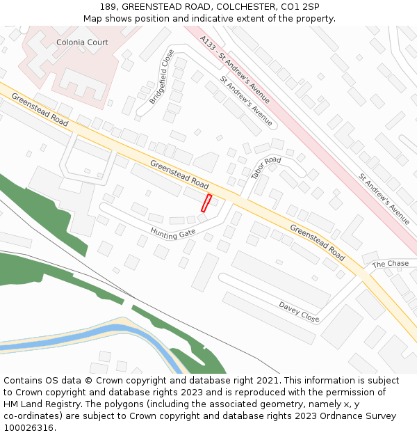 189, GREENSTEAD ROAD, COLCHESTER, CO1 2SP: Location map and indicative extent of plot