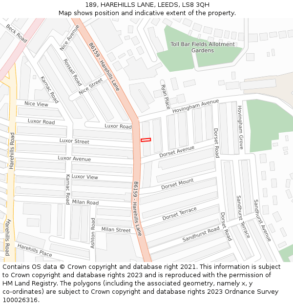 189, HAREHILLS LANE, LEEDS, LS8 3QH: Location map and indicative extent of plot