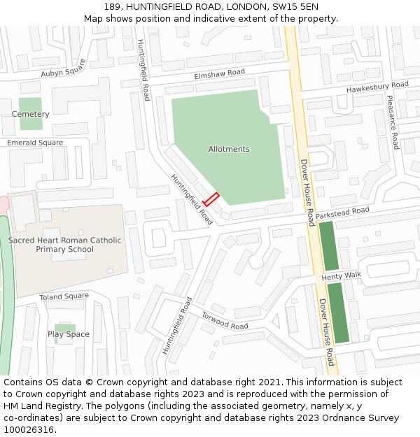 189, HUNTINGFIELD ROAD, LONDON, SW15 5EN: Location map and indicative extent of plot