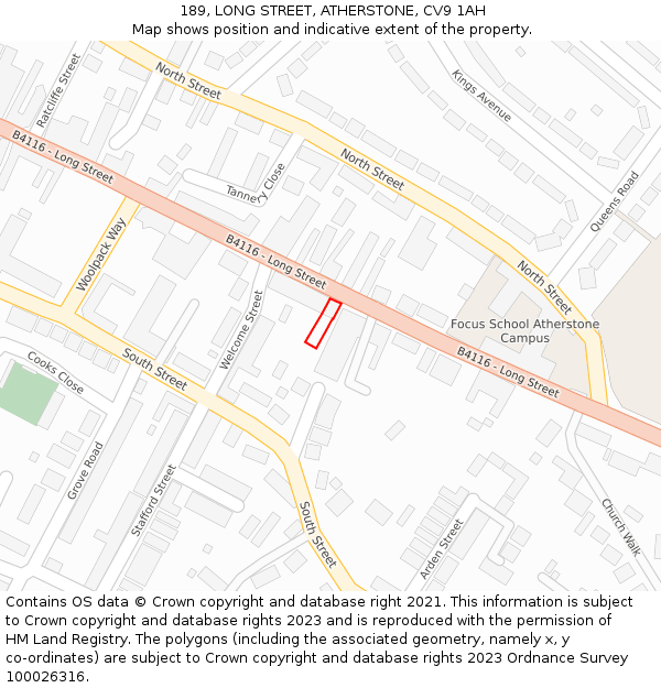 189, LONG STREET, ATHERSTONE, CV9 1AH: Location map and indicative extent of plot