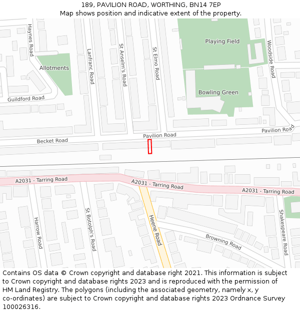189, PAVILION ROAD, WORTHING, BN14 7EP: Location map and indicative extent of plot